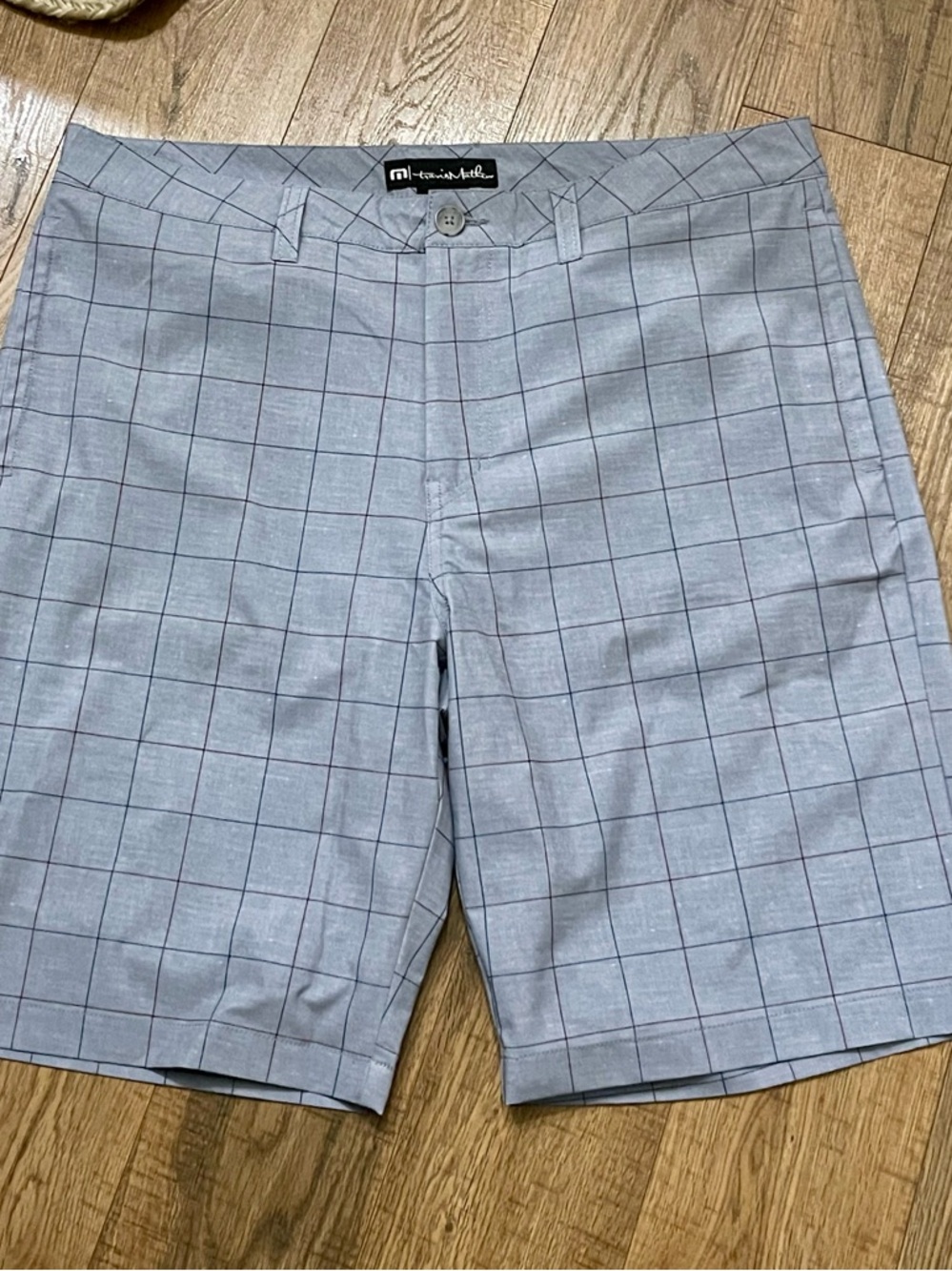 Travis Mathew Light Blue Windowpane Hybrid Swim Trunks Golf Shorts 36
